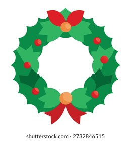 A flat vector illustration of a round Christmas wreath with green holly leaves, small red berries, and two decorative red bows with yellow embellishments.