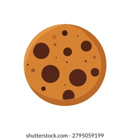 A flat vector illustration of a round cookie with dark chocolate chips scattered across the surface.
