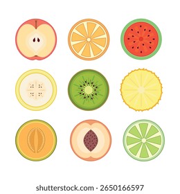 Flat vector illustration of round fruit slices. Set ideal for prints, packaging, menus, children’s books, stickers. Includes apple, orange, watermelon, banana, kiwi, pineapple, melon, peach, lime.