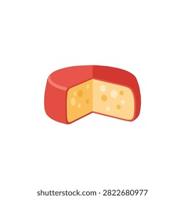 Flat Vector Illustration of a Round Gouda Cheese Wheel with Red Rind and Holes on White Background