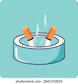 Flat vector illustration of a round light blue ashtray containing two burning cigarettes with smoke rising against a light blue background.