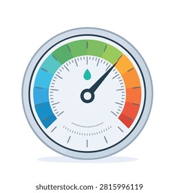A flat vector illustration of a round moisture sensor gauge with a colored scale ranging from blue to red and a water drop icon in the center