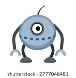 Flat vector illustration of a round robot with one large eye, antenna and mechanical arms. Cute cartoon robot character isolated on a white background.