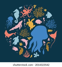 Flat vector illustration of round shape. Marine bundle 