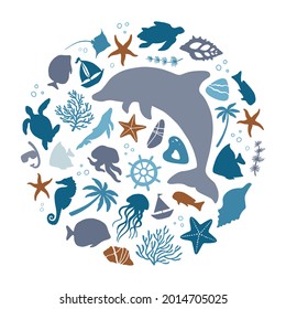 Flat vector illustration of round shape. Marine bundle 