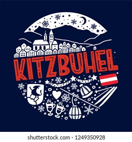 Flat vector illustration of Kitzbühel. Round winter pattern with the main symbols of Kitzbühel with isolated elements. Can be used as a sticker, print for t shirts, posters, cards, articles