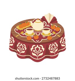 A flat vector illustration of a round wooden table set with a burgundy-red floral tablecloth and a mandala-style lace topper. Features a creamy-white teapot with gold accents, matching teacups, golden spoons, a folded napkin, and scattered orange fruits like clementines. Minimalist, clean lines create a balanced, cozy, and culturally inspired tea service scene.