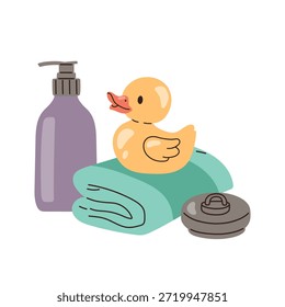 Flache Vektorgrafik einer auf einem gefalteten Handtuch sitzenden Gummiente mit Shampoo- oder Duschgelflasche und Badewannenstöpsel. Nettes Badezimmer Hygiene-Set für Kinder, Babywanne, Kinderbetreuung, Reinigungsroutinekonzept.