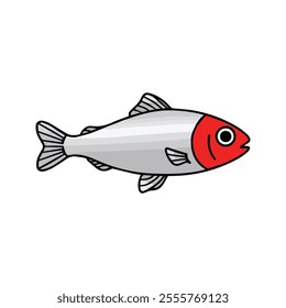 Flat vector illustration of a Rummy Nose Tetra with silver body, red nose, simple fins, minimal design, clean aesthetic