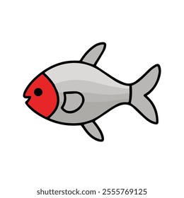 Flat vector illustration of a Rummy Nose Tetra with silver body, red nose, simple fins, minimal design, clean aesthetic