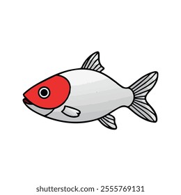 Flat vector illustration of a Rummy Nose Tetra with silver body, red nose, simple fins, minimal design, clean aesthetic