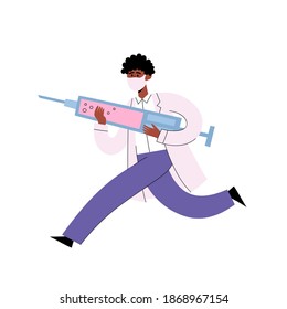 Flat vector illustration of running african doctor in face masks with syringe and vaccine isolated on white, vaccination program or insulin shot