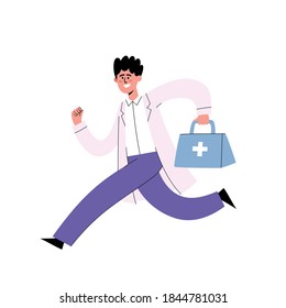Flat vector illustration of running doctor with suitcase with medical supplies isolated on white, ambulance service for poster, hospital website, magazine.