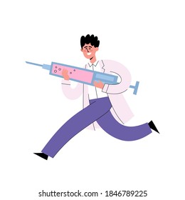Flat vector illustration of running doctor with syringe and vaccine isolated on white, vaccination program or insulin shot