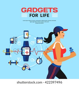 Flat vector illustration of running girl and set of gadgets used smart technology for monitoring calorie consumption during fitness activities   