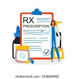 A flat vector illustration of the RX medical prescription drug and a female doctor who shows it. The concept of medicine and pharmacy, healthcare, pills for the treatment of diseases, painkillers.