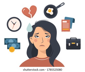 Flat vector illustration of a sad Asian woman who is tired and annoyed. Factors of irritation around. Heartbreak, work, housekeeping and lack of time. Stress and badmood