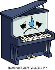 Ilustração vetorial plana de um triste personagem de piano azul com um nariz de nota musical choroso. Ideal para planilhas de inteligência emocional, musicoterapia, aplicativos de saúde mental e materiais educacionais infantis.
