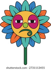 Una Ilustración vectorial plana de una flor de margarita triste con los ojos cansados y la boca caída. Ideal para App del bienestar, campañas de concienciación sobre la salud mental, publicaciones expresivas en las redes sociales y proyectos de diseño emocional.
