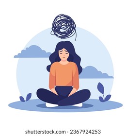 Flat vector illustration. Sad girl sitting depressed, confused thoughts, storm clouds around her 