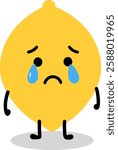 Flat vector illustration of a sad lemon character with tears and a frowning face. Perfect for representing sadness, disappointment, emotions, or mental health concepts.