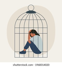 Flat vector illustration of a sad woman sitting in a cage. The concept of women's limitations in society, domestic violence, depression and despair, racism and sexism.