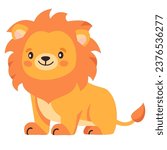 Flat vector illustration. Safari animals. Cute lion on white background 