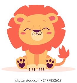 Flat vector illustration. Safari animals. Cute lion on white background 