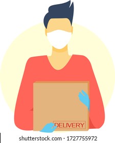 Flat vector illustration. Safe food delivery. Masked courier and gloves with a package of products. Buying food during quarantine.