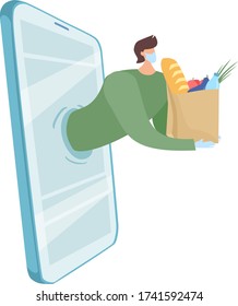 Flat vector illustration. Safe food delivery online, order via phone. Masked courier and gloves with a package of products. Buying food during quarantine.