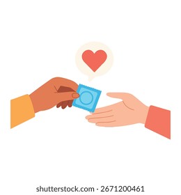 Flat vector illustration of safe sex awareness concept for World Sexual Health Day. Two hands exchanging a condom with a heart icon above, symbolizing protection, responsibility, and sexual healthcare