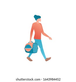 Flat vector illustration of safely pets transportation. Tourist woman walks in the airport terminal for boarding and carry pet-carrier. Cartoon image of a hiker with a hand luggage isolated on white.