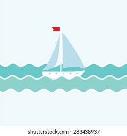 Flat vector illustration of sailboat on the waves