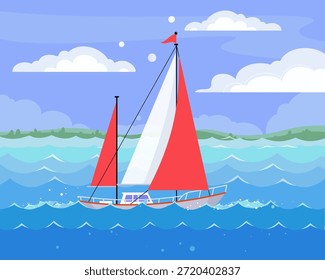 Flache Vektorgrafik einer Segelyacht mit roten Segeln auf blauen Wellen. Maritime Reiseszene mit Segelboot, Meerwasser, Himmel, Wolken und friedlichem nautischem Hintergrund.