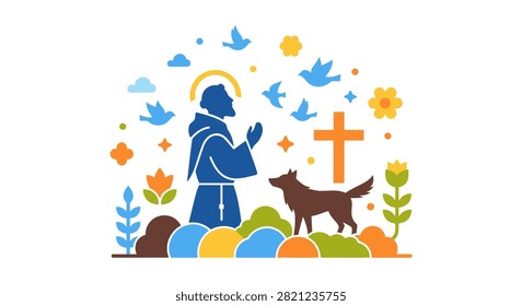 Flat vector illustration of Saint Francis of Assisi praying next to a wolf with birds and a cross in a stylized nature setting
