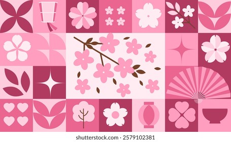 Flat vector illustration with a sakura blossom pattern. Pink geometric and floral elements inspired by Japanese Hanami. Modern geometric seamless pattern. Vector concept minimalist design