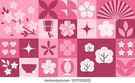 Flat vector illustration with a sakura blossom pattern. Pink geometric and floral elements inspired by Japanese Hanami. Modern geometric seamless pattern. Vector concept minimalist design