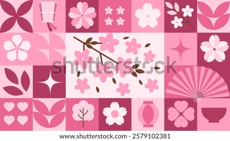 Flat vector illustration with a sakura blossom pattern. Pink geometric and floral elements inspired by Japanese Hanami. Modern geometric seamless pattern. Vector concept minimalist design