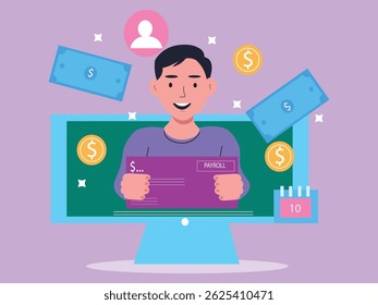 Flat vector illustration of Salary payment, Online payroll on Computer screen and calculator calculation flat cartoon.Financial and Business concept.