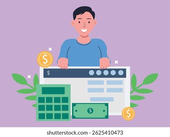 Flat vector illustration of Salary payment, Online payroll on Computer screen and calculator calculation flat cartoon.Financial and Business concept.
