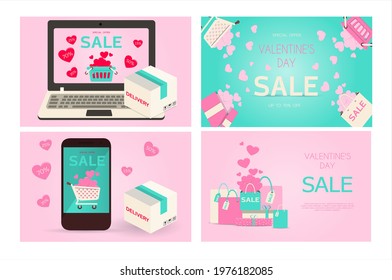 Flat vector illustration for sale, online store, delivery of goods for the holiday. Invitation flyer in pink, red, and blue. Images with a set of items for discounts and romantic items by February 14