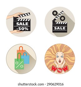 Flat vector illustration sale set with movie clapper, handbags and surprise the girl.
