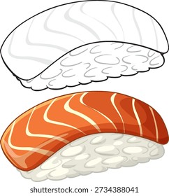 Ilustración vectorial plana de salmón y pescado blanco nigiri sushi sobre fondo blanco