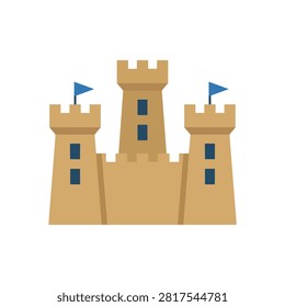 Flat Vector Illustration of a Sandcastle with Three Towers and Blue Flags Isolated on White Background