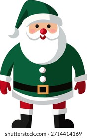 Ilustración vectorial plana de Santa Claus en un traje verde. Diseño creativo de personajes navideños para temas de Navidades, gráficos invernales y contenido festivo.