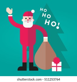 Flat vector illustration of Santa Claus with a bag full of presents / gifts and christmas tree in the background