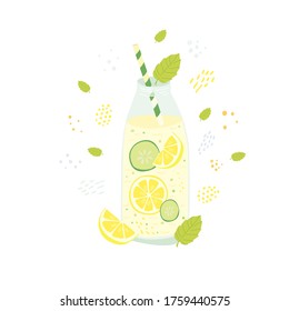 Ilustración vectorial plana de agua fresca. Caricatura de un cóctel de desintoxicación dibujado a mano. Frasco con tubo e ingredientes: Limón, pepino, menta, jengibre machacado sobre un fondo blanco. Afiche de color