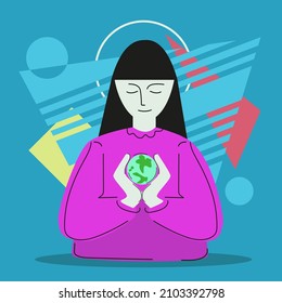 Flat vector illustration of the save the planet , female character cary the planet earth in hands.