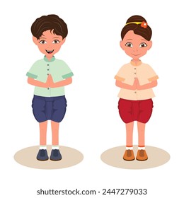 Flat Vector Illustration of Sawasdee, Kids in Traditional Clothing