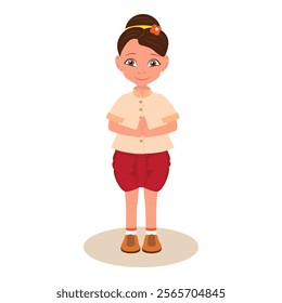 Flat Vector Illustration of Sawasdee, Kids in Traditional Clothing. Item 2